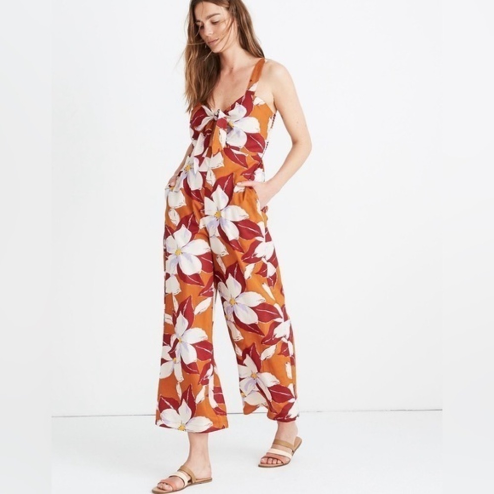 Madewell tie front cover-up jumpsuit in island magnolias EUC size s